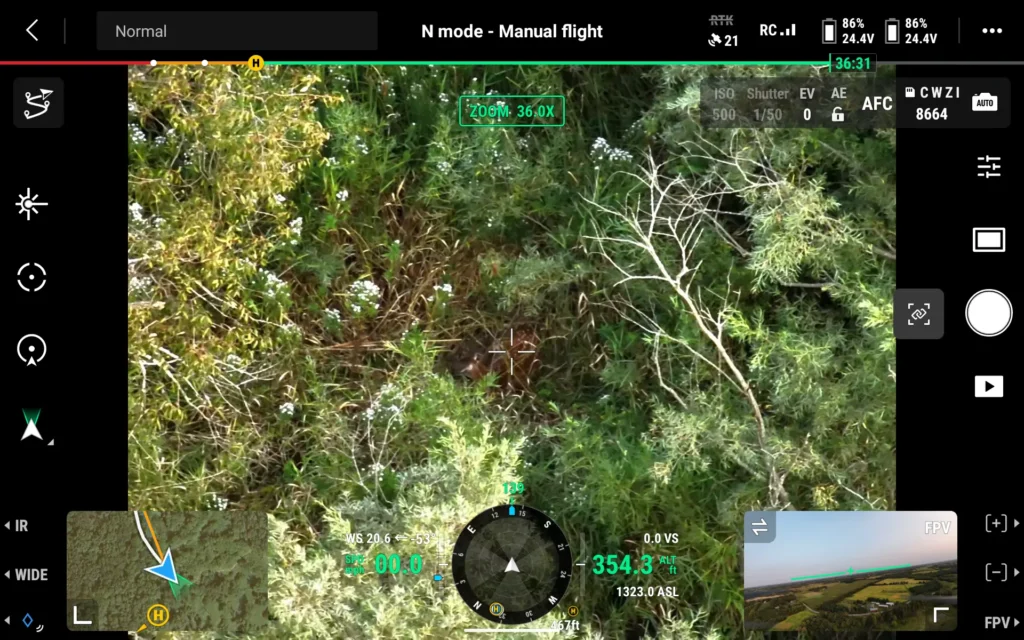 A screenshot of a drone's video interface while locating a deer in the woods.